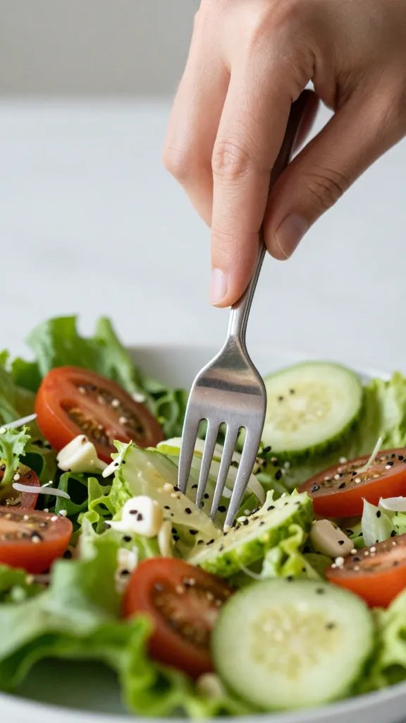 closeup hand pausing over fork above half-eaten salad