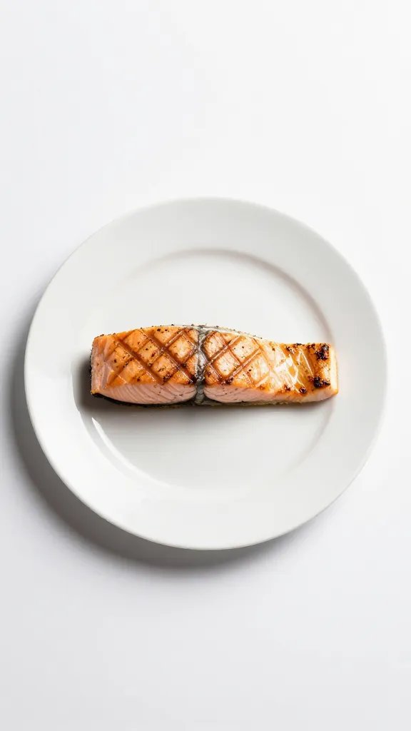single white plate with 70% portion grilled salmon, minimalist