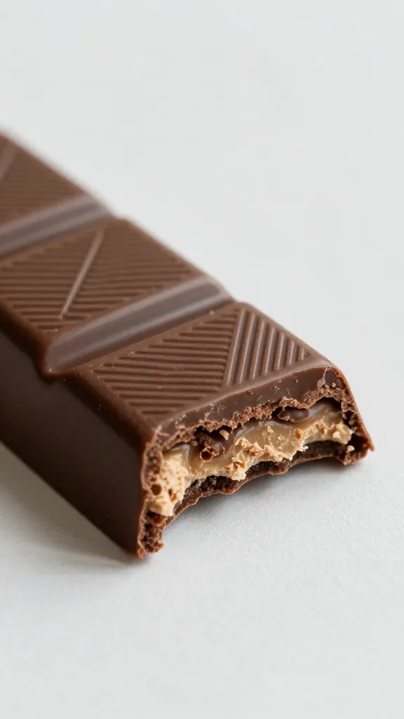 closeup of a single half-eaten chocolate bar on desk