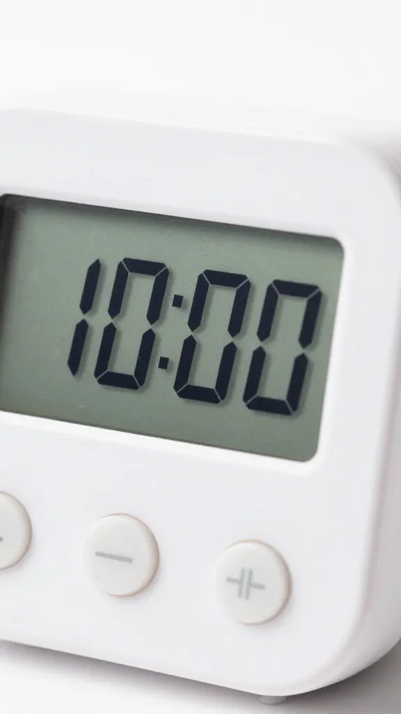 closeup of a digital kitchen timer showing 10:00 minutes
