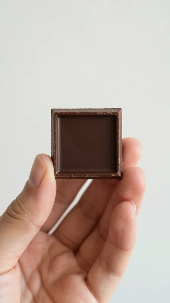 hand holding one square of dark chocolate, soft natural light