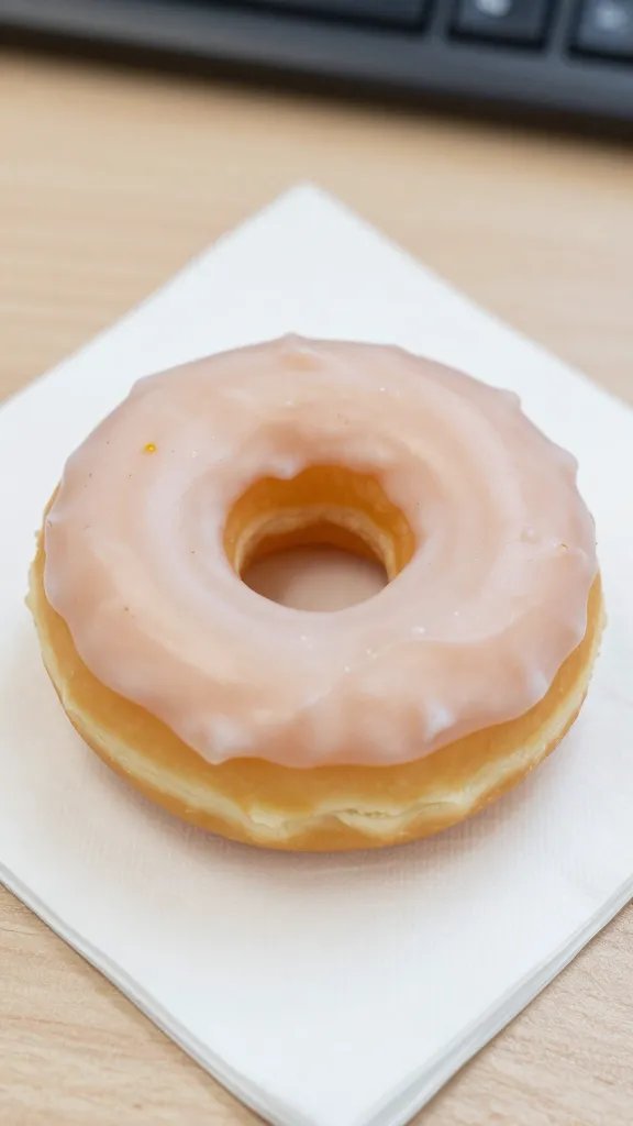 closeup of single glazed donut on office desk napkin