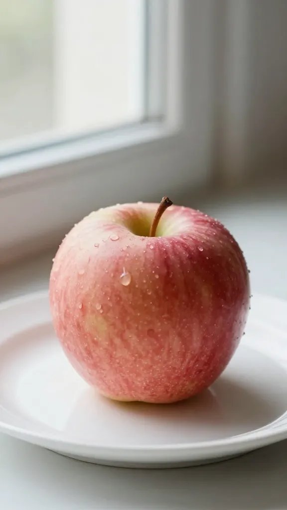 single apple on white plate, soft natural window light