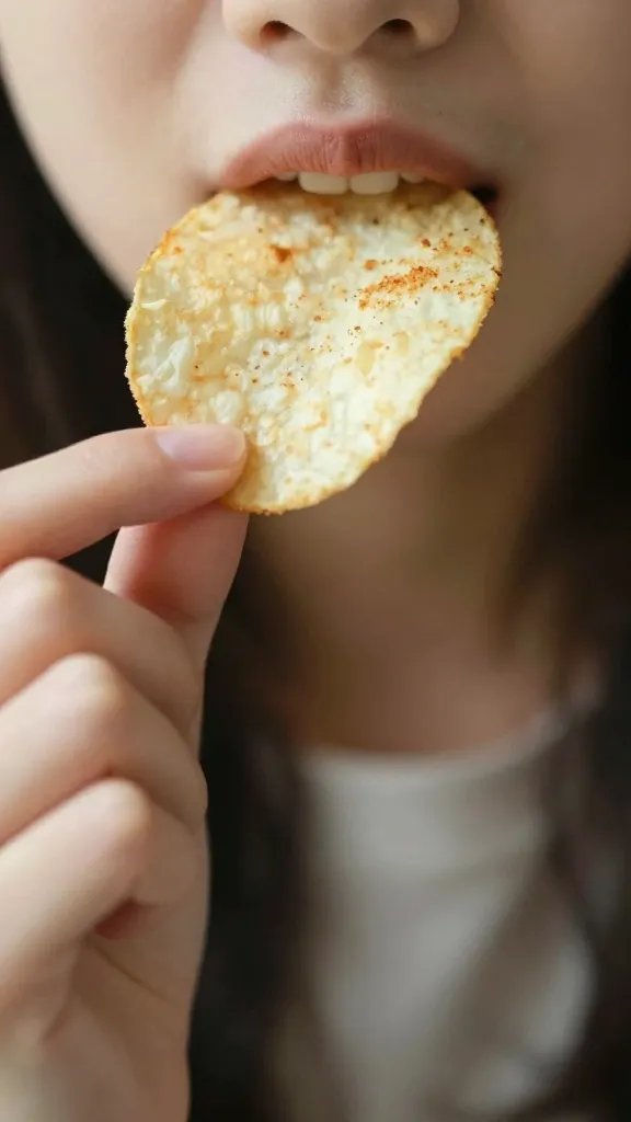 hand holding one potato chip near mouth, shallow depth of field
