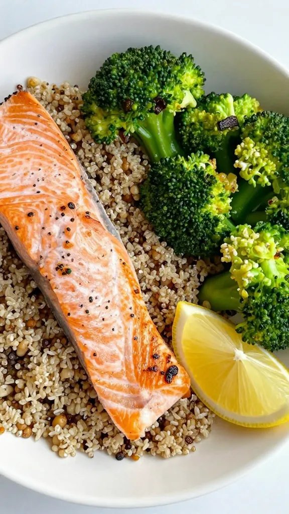 closeup of salmon quinoa bowl with roasted broccoli, lemon wedge