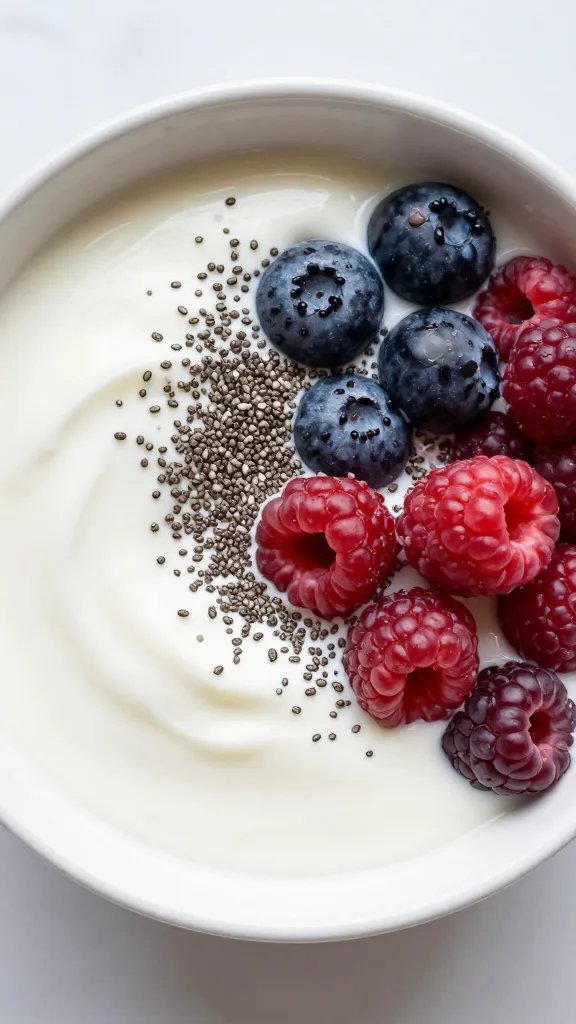 Greek yogurt bowl with berries and chia, overhead closeup