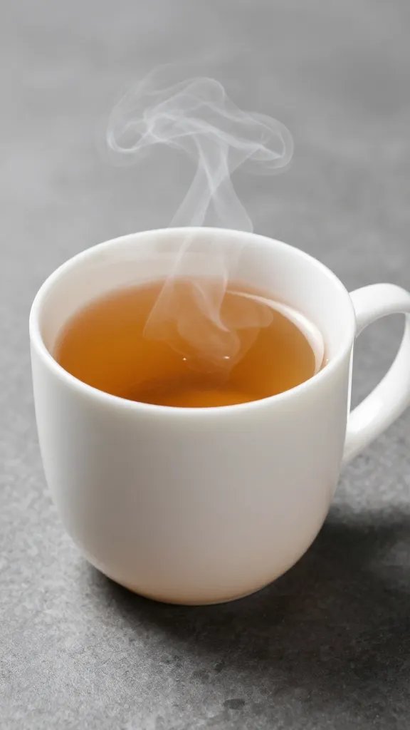 single white ceramic mug of herbal tea, steam visible