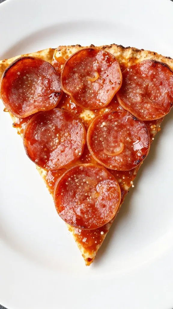 closeup of a single half-eaten pepperoni slice on plate
