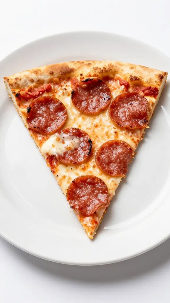 single slice of pepperoni pizza on white plate, studio lighting