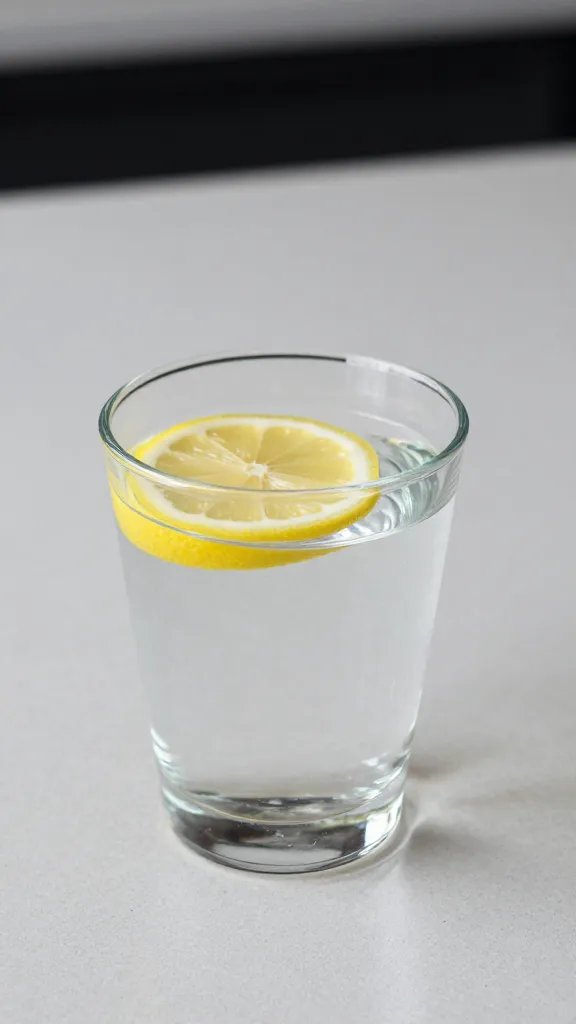 single clear water glass with lemon slice on countertop
