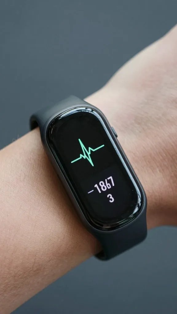 fitness tracker showing resting heart rate on wrist closeup