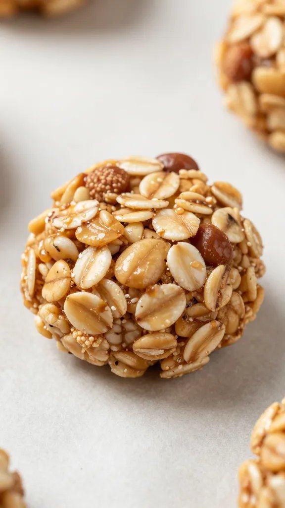 closeup of a single oatmeal energy bite on parchment