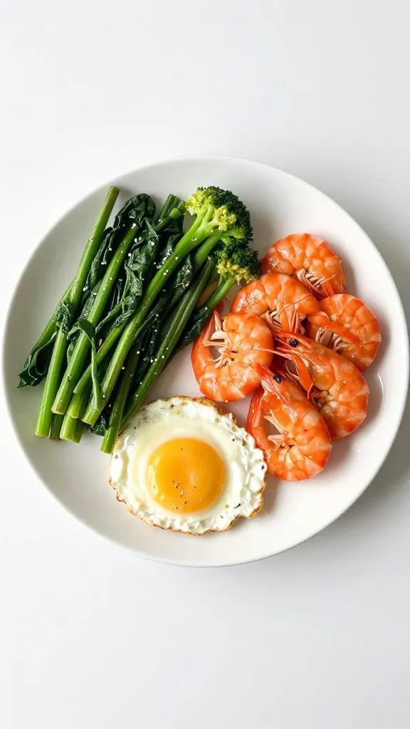one white ceramic plate with balanced meal, overhead