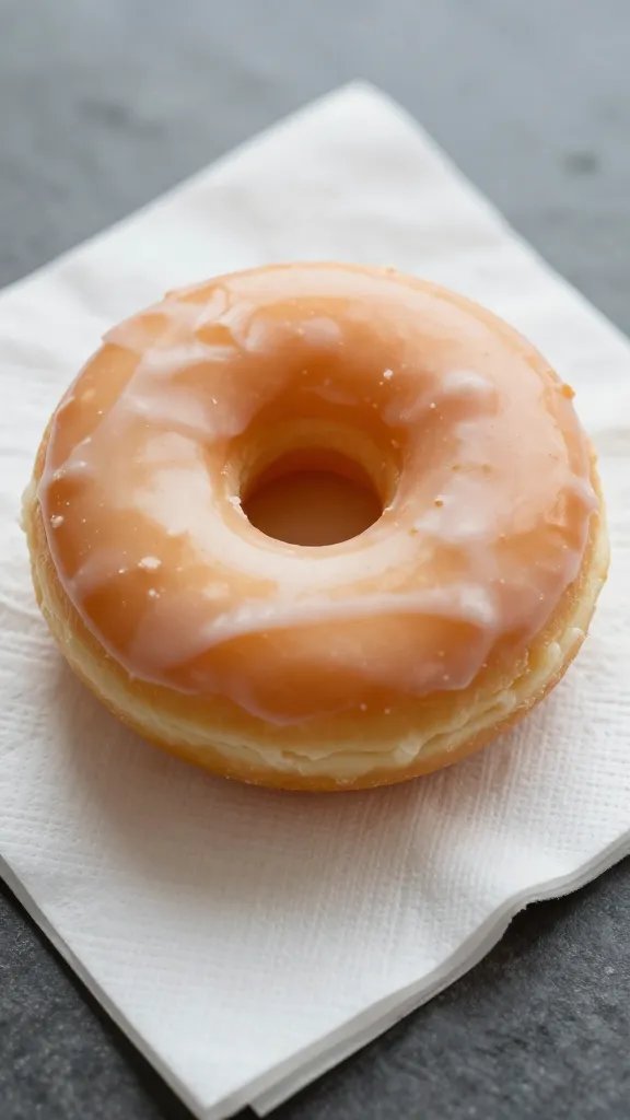 closeup of a single glazed donut on crumpled napkin