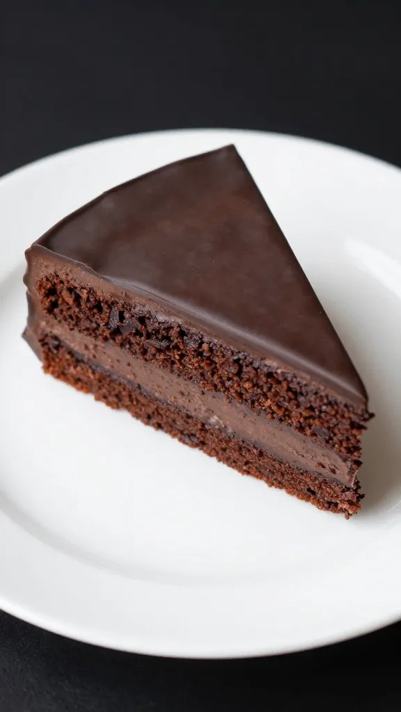 single frosted slice of chocolate cake on white plate
