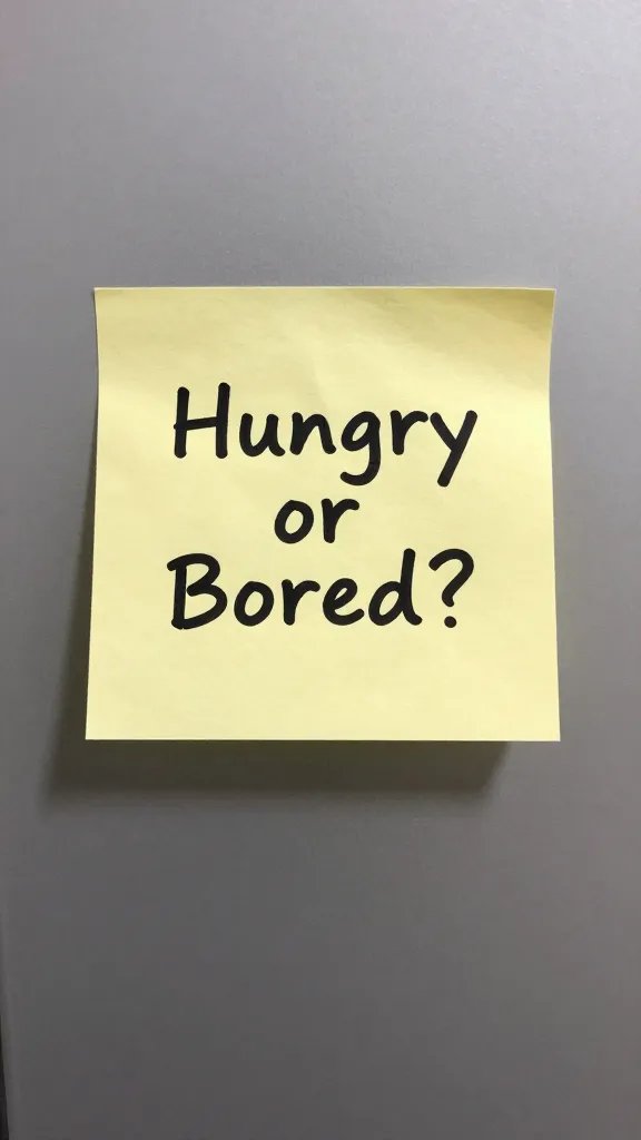 single sticky note labeled “Hungry or Bored?” on fridge door