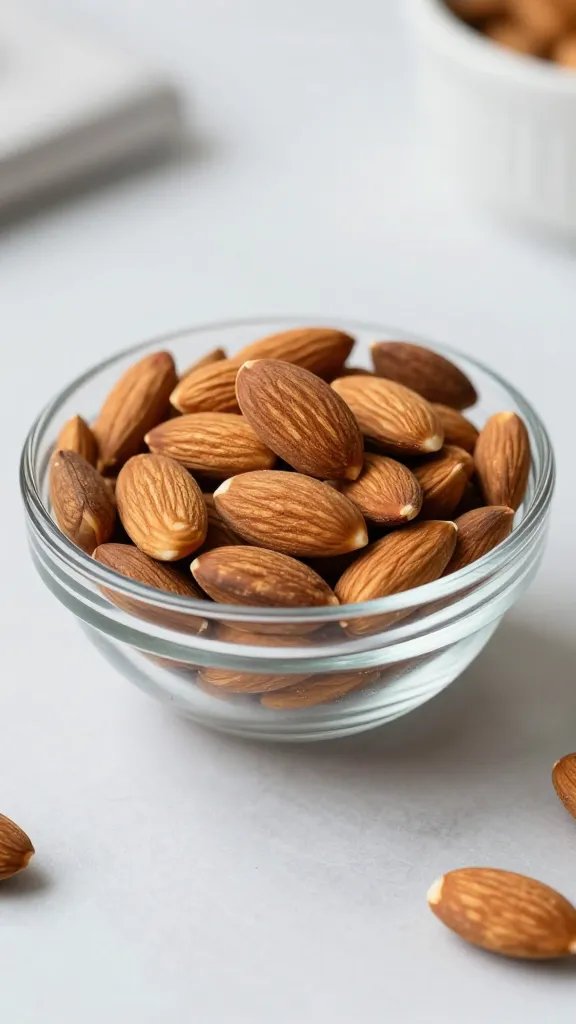 closeup of one glass bowl of almonds on tidy desk