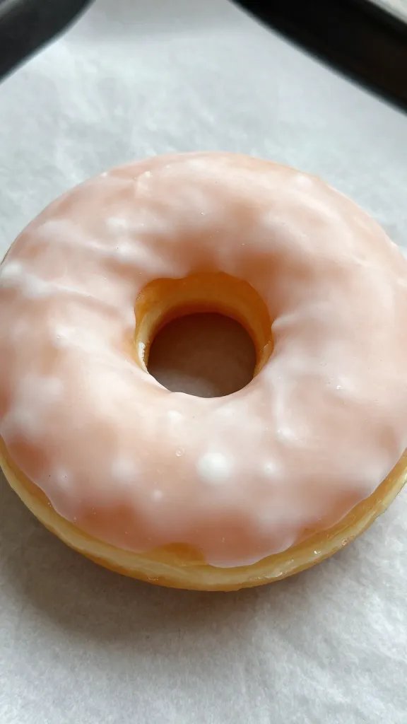 closeup of a single frosted donut on parchment paper