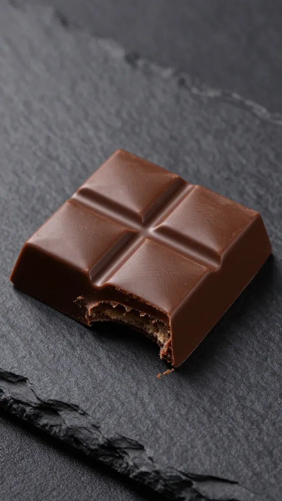 glossy chocolate bar square, bitten corner, on black slate