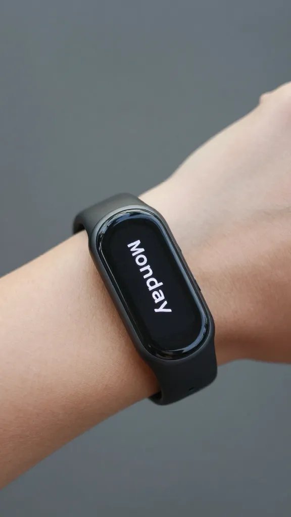 fitness tracker displaying “Monday” on wrist, shallow depth of field