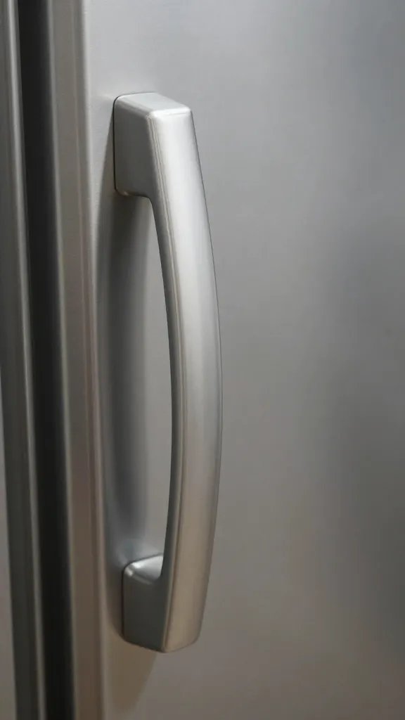 closeup of an open stainless fridge door handle at night