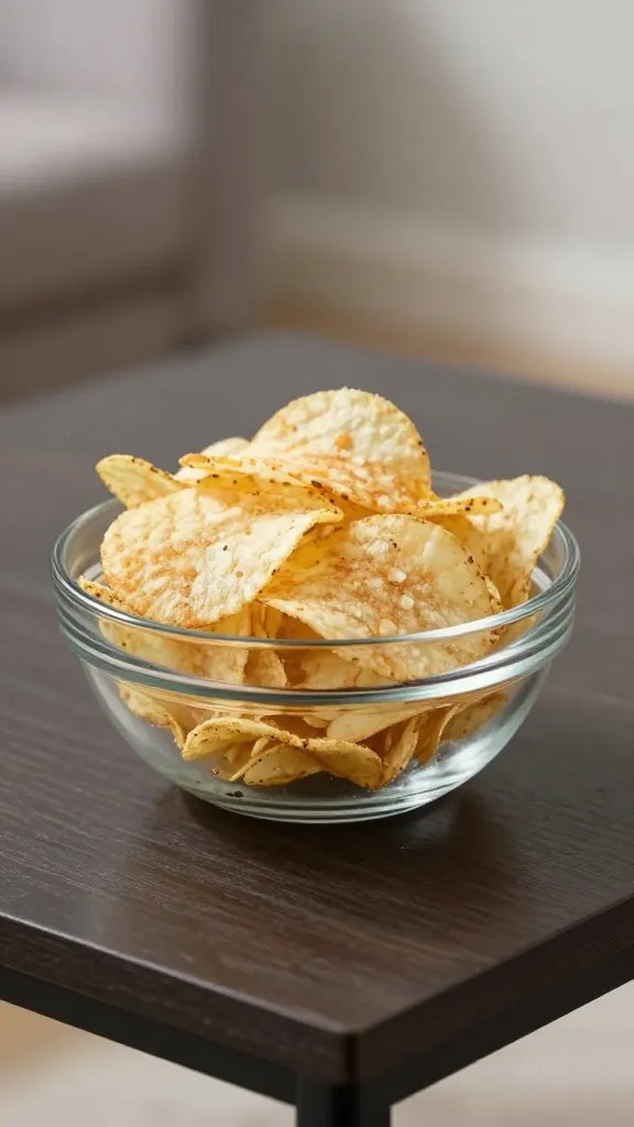 single glass bowl of potato chips on coffee table, shallow focus