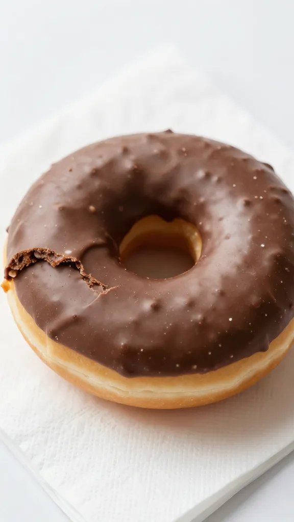 closeup of a single half-eaten chocolate donut on napkin