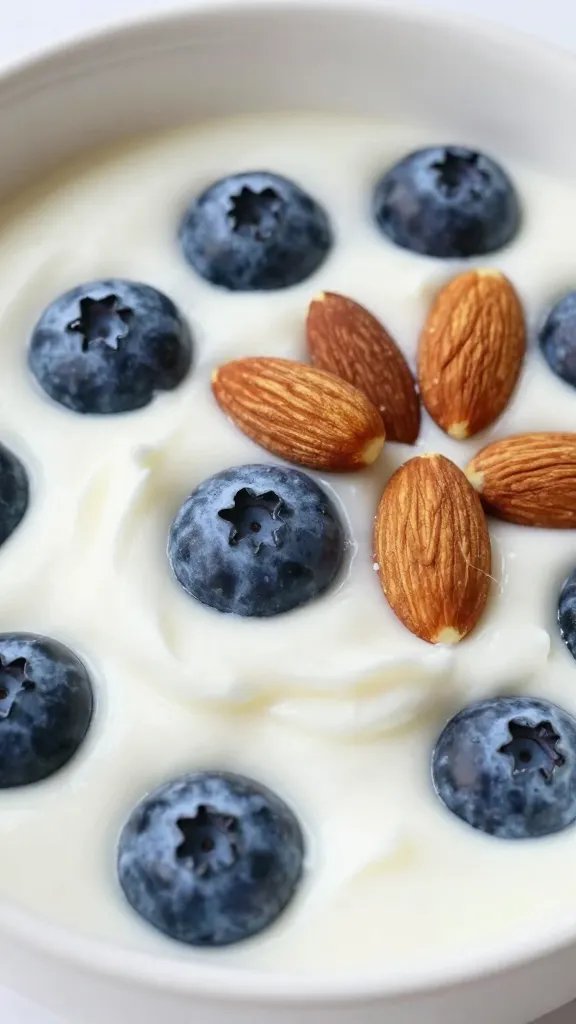 closeup bowl of Greek yogurt with blueberries and almonds