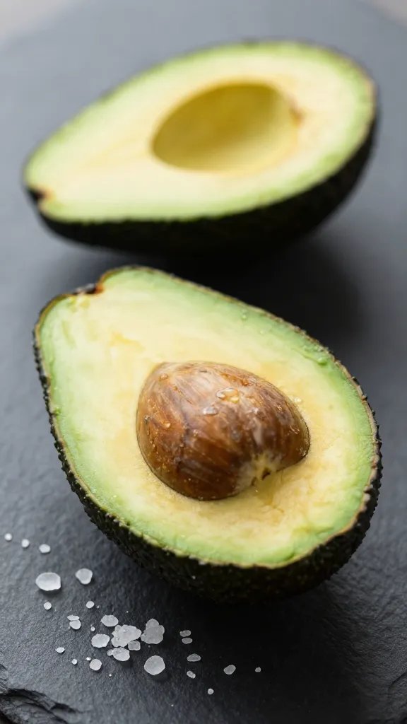 halved avocado with sea salt on dark slate surface
