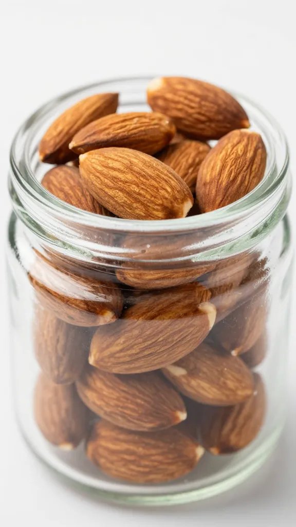 closeup of pre-portioned almonds in a small glass jar