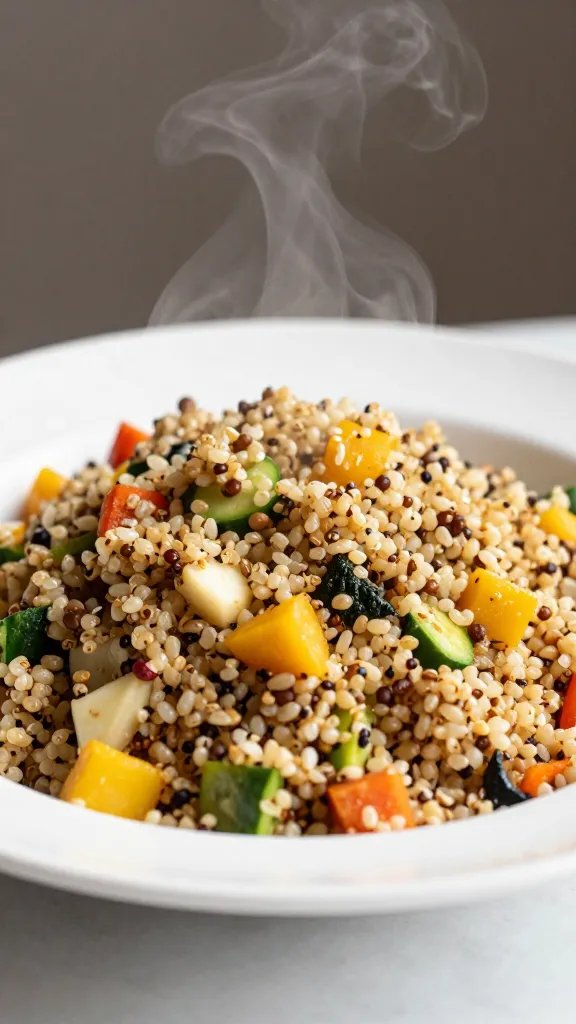 steaming bowl of vegetable-packed quinoa salad on white plate