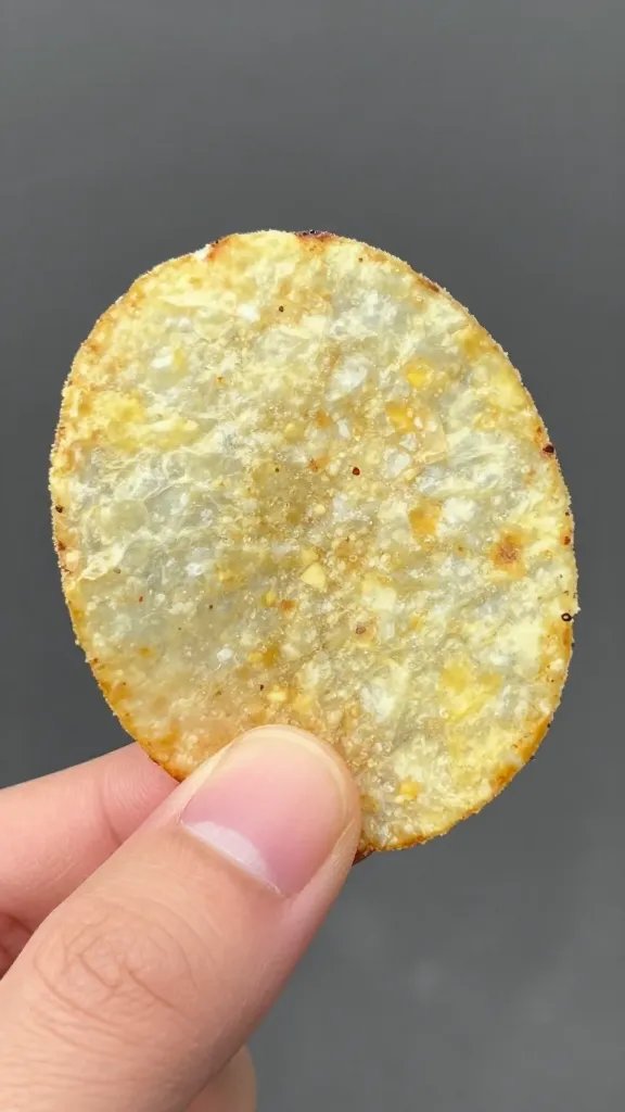 closeup of single salted potato chip held between fingers