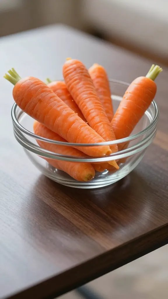 single glass bowl of baby carrots on coffee table, closeup