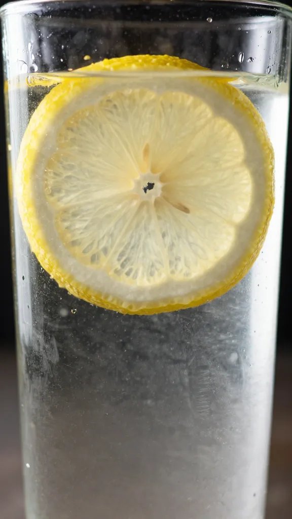 closeup glass of water with lemon slice, condensation