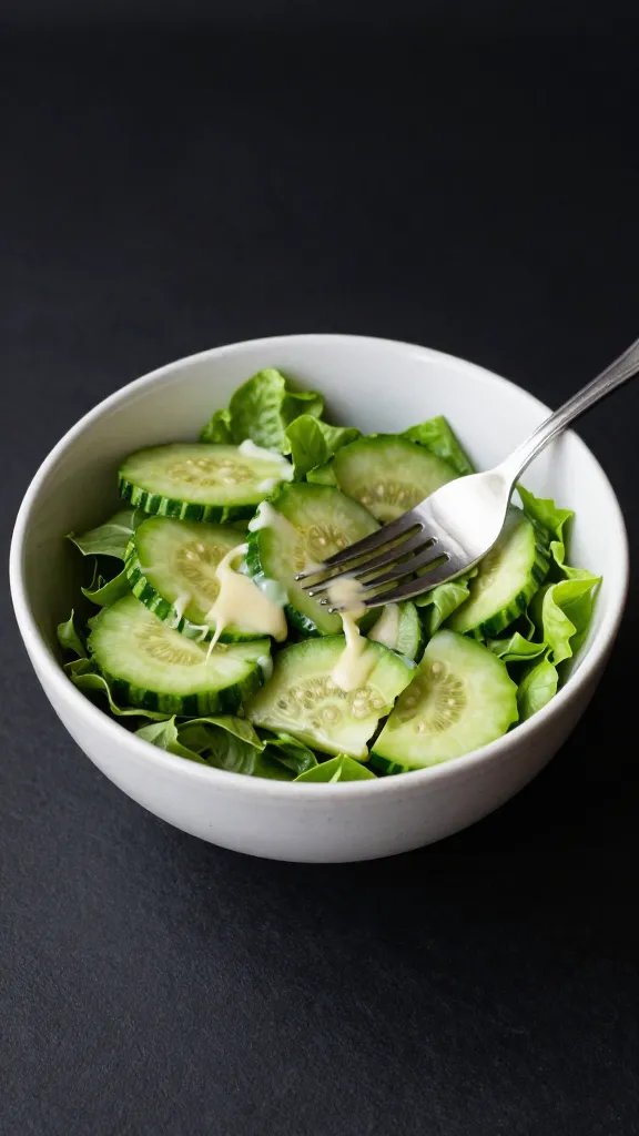 single salad bowl with fork resting, minimal dressing sheen