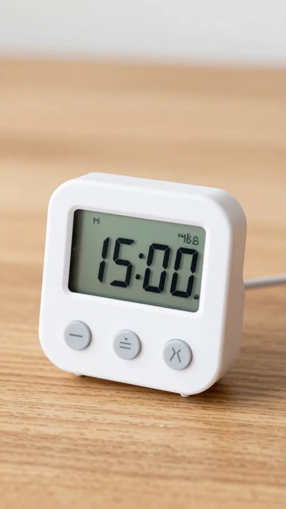 digital kitchen timer reading 15:00 on wooden table