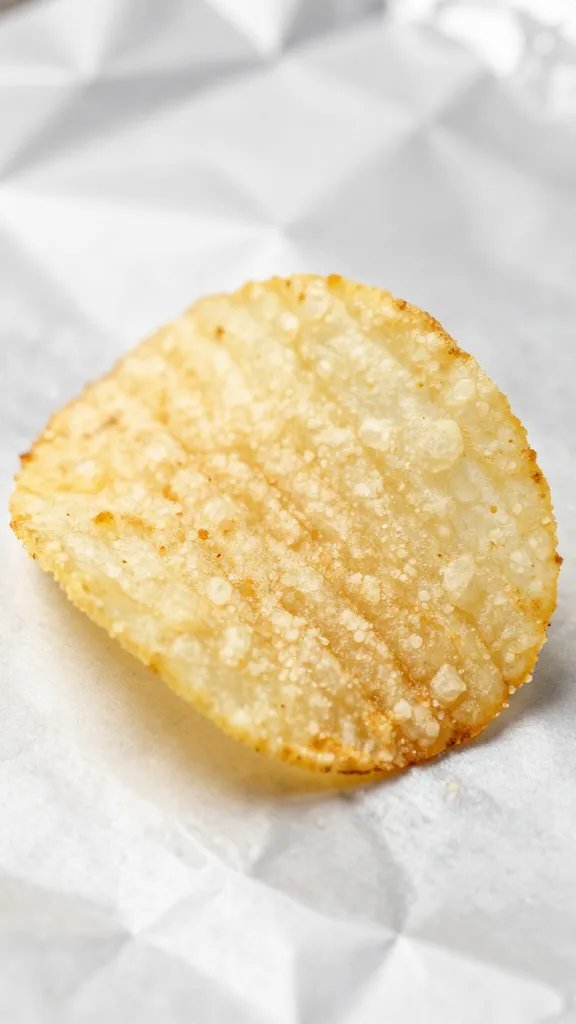 single greasy potato chip closeup on crinkled foil