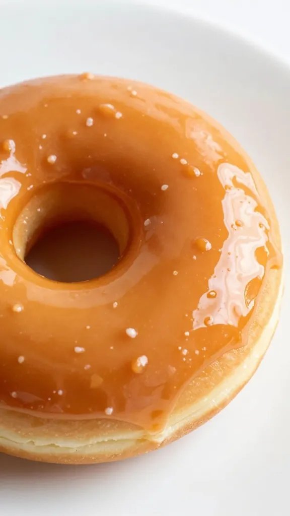 glossy salted caramel donut closeup on white plate