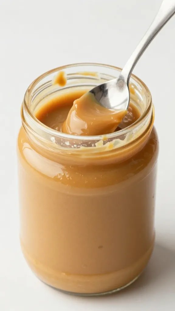 closeup of a single peanut butter jar with spoon, lid off