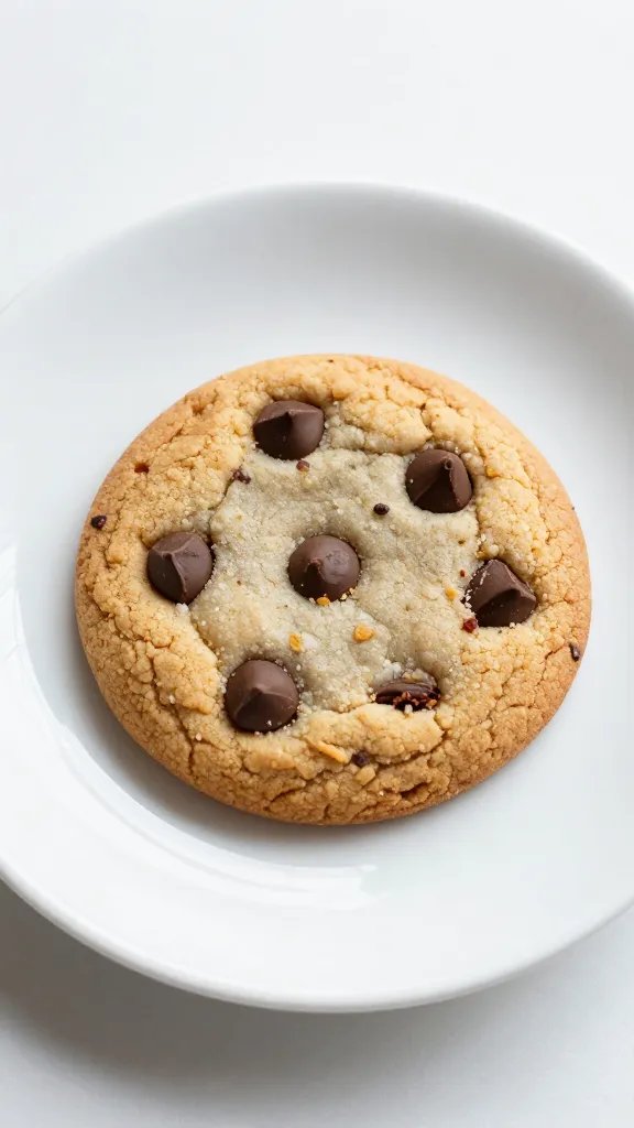 single chocolate chip cookie on small white plate, crumbs visible