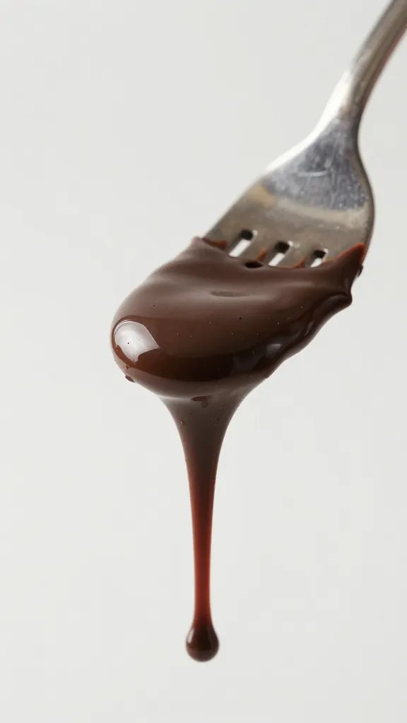 closeup of fork dripping chocolate frosting, studio lighting