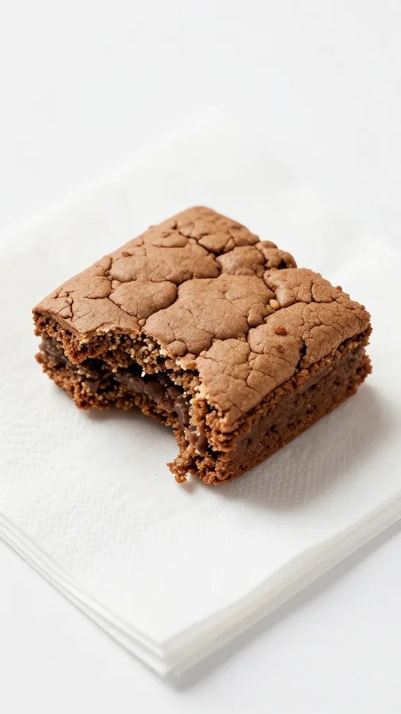 single brownie on white napkin with bite mark