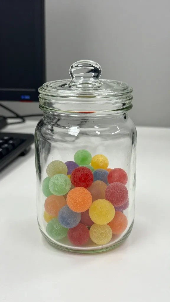 single glass candy jar on office counter, lid ajar