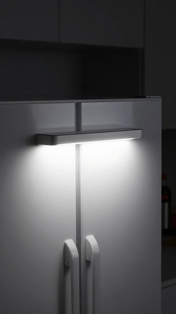 single illuminated fridge handle at night, dark kitchen background