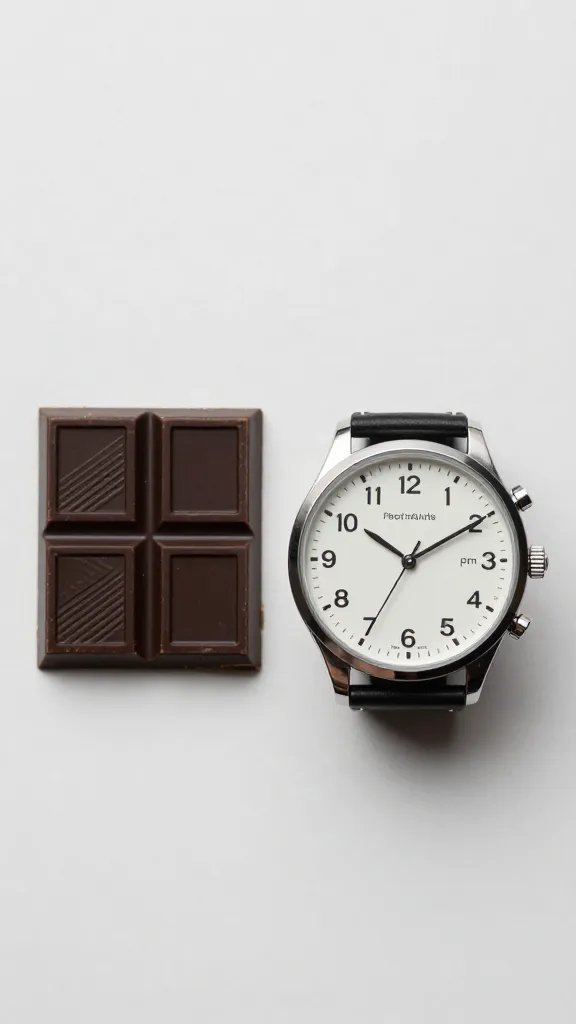 wristwatch reading 9:37 pm beside one dark chocolate square