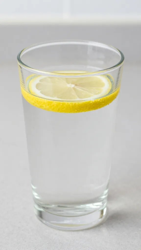 clear glass of water with lemon slice, closeup on countertop