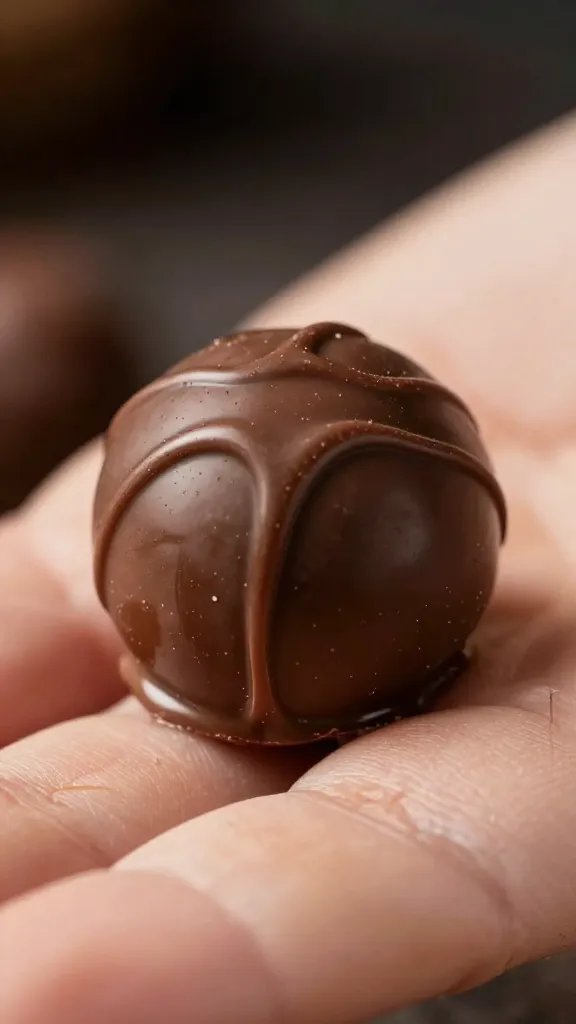 macro shot of one melting chocolate truffle in hand