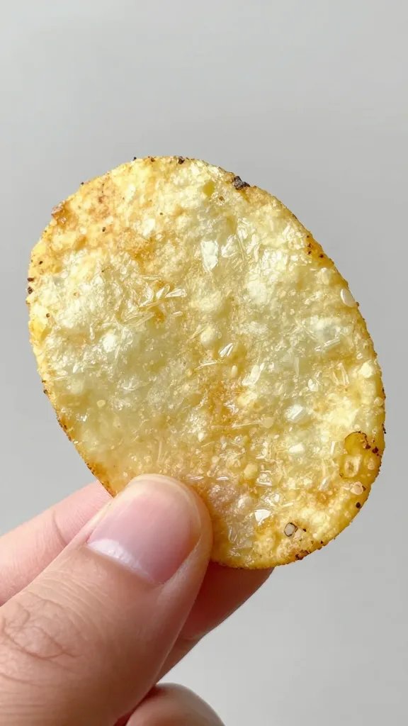 closeup of a single salted potato chip in a human hand