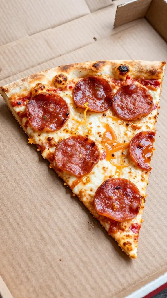half-eaten pepperoni pizza slice on greasy cardboard