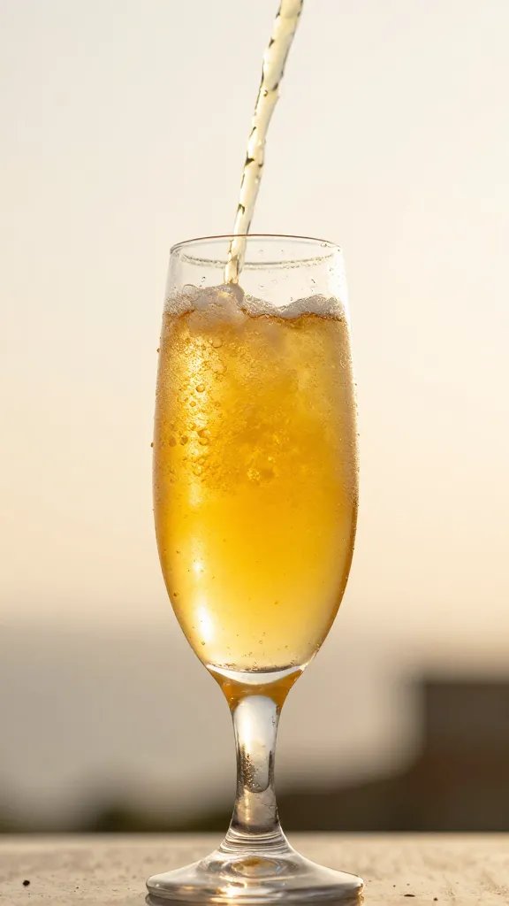 overflowing mimosa flute with condensation, golden morning light